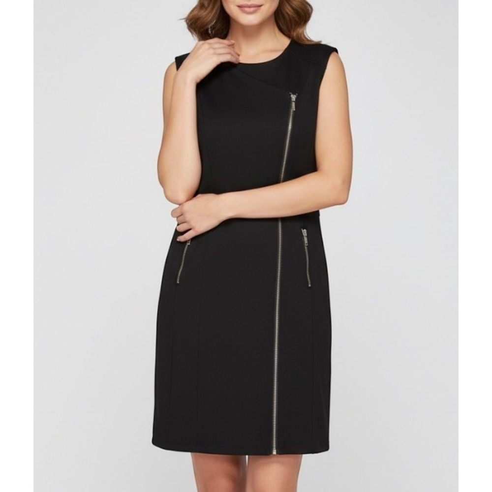 DEX 1963 Stretch PONTE KNIT Faux Pocket ZIP-FRONT Black MOTO SHEATH DRESS Sz M